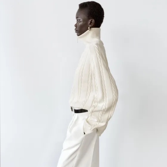 ZARA Women’s Cream Cotton Cable-knit Polo Dad Sweater with Zip Collar | XL NWT - Picture 6 of 13